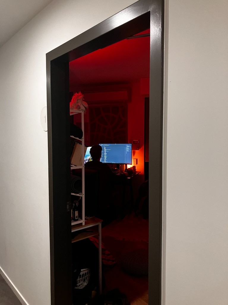 Desk scene with red lighting